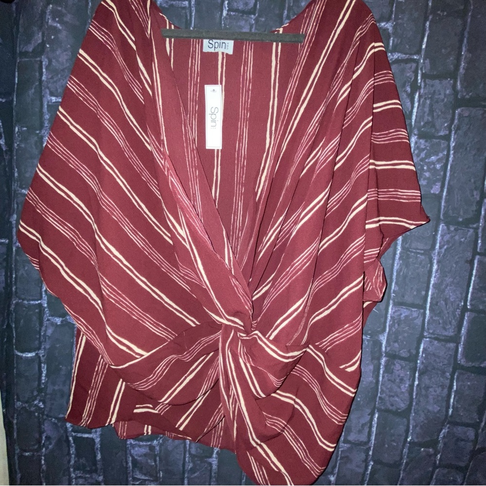 SPIN USA Crisscross Front Knot Batwing Plus Blouse Sz3X Burgundy